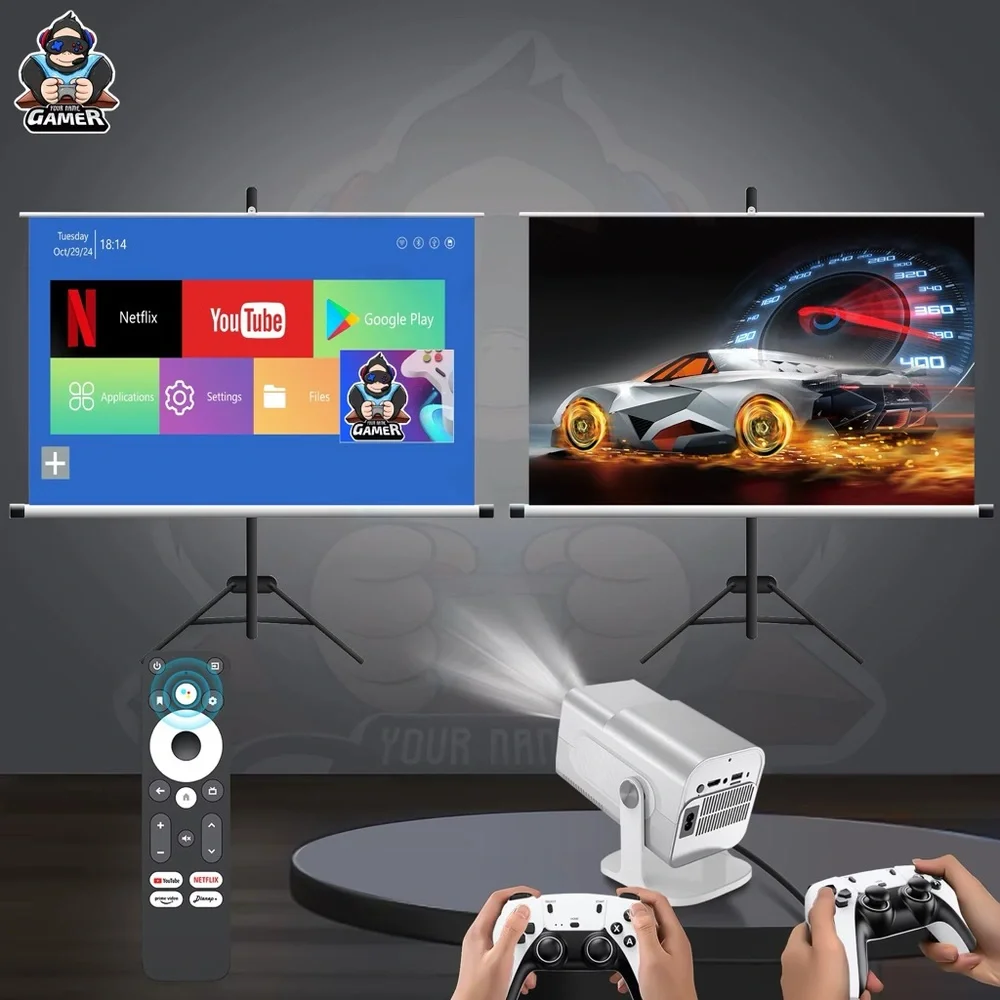 White Projector with Remote and Controllers